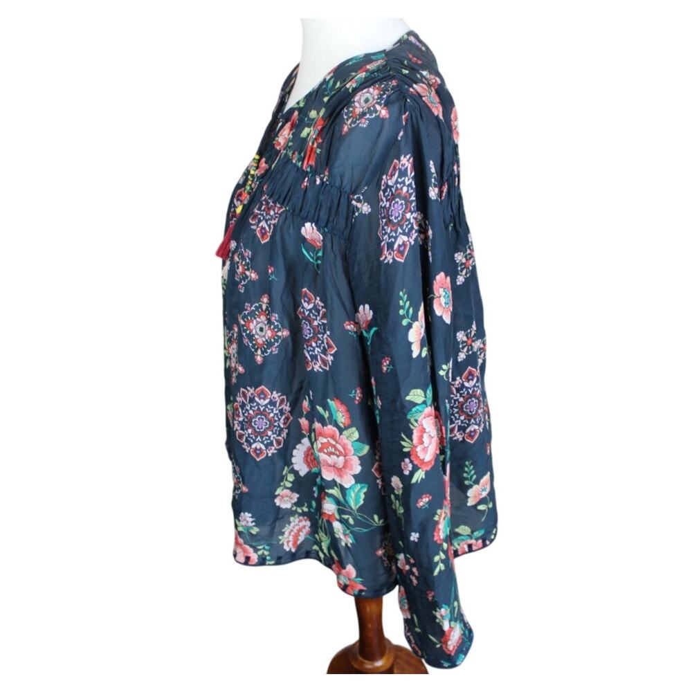 Johnny Was Harley Peasant Blouse Womens Large Blue Floral Tassel Boho Festival - Picture 4 of 6
